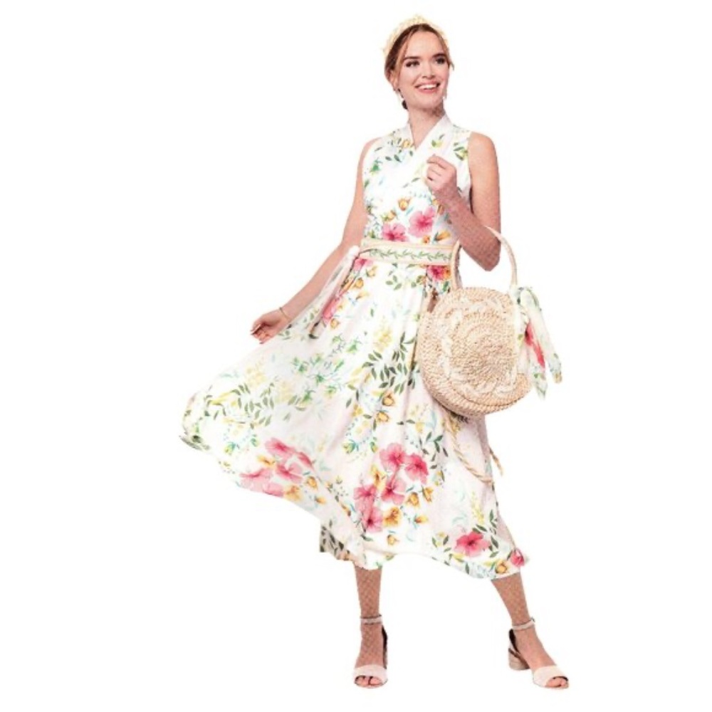 Spartina 449 Dress Garden Party Linen Wrap Floral Maxi Dress Embroidered Pockets